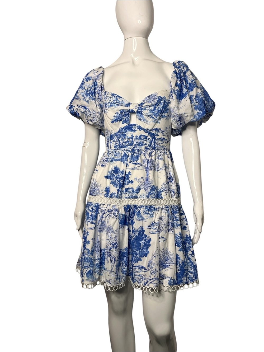Aqua Blue White Toile Print Sweetheart Neck Puff Sleeve Tiered Cotton Dress M